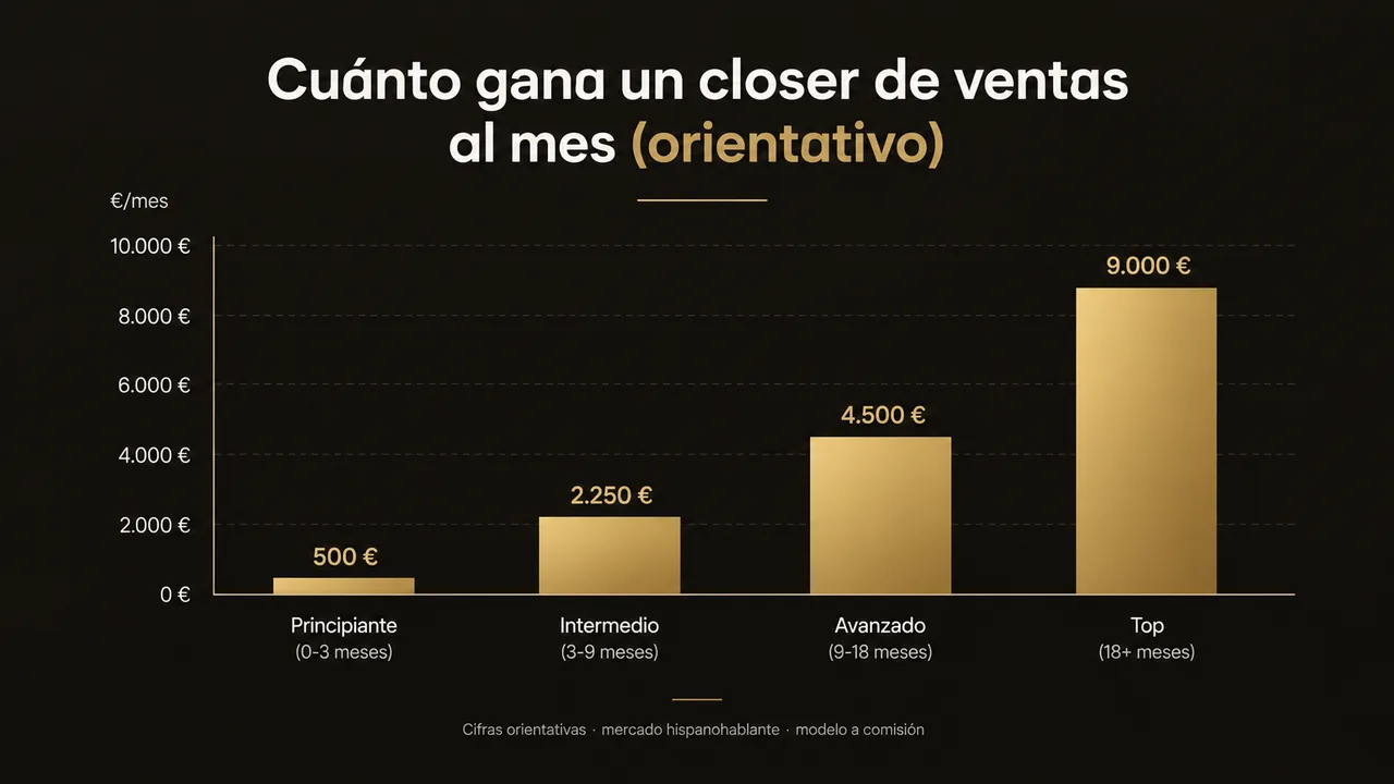 cuánto gana un closer de ventas por nivel: principiante, intermedio, avanzado y top