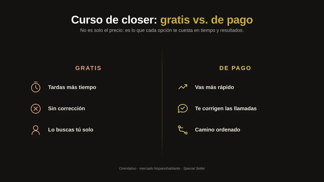 cuánto cuesta un curso de closer de ventas: comparación gratis vs de pago en tiempo, acompañamiento y resultados